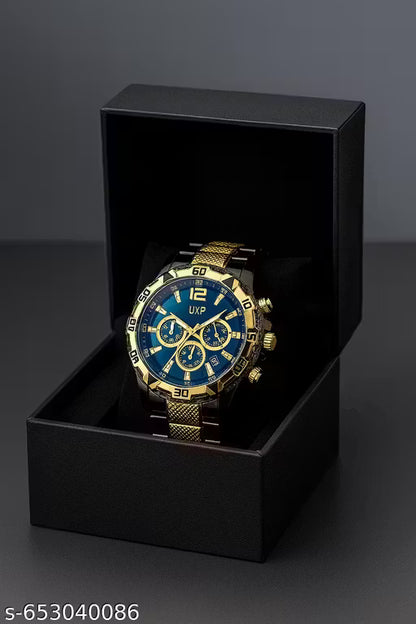 UKP Trendy New Generation Fabulous Black And Gold Colour Men's And Boy's Watch Party Wedding Formal Look VVIP Watch Black Dail Chain Strap Satlness Steel Unique Design Men's And Boy's Richlook Gorgeous Watch