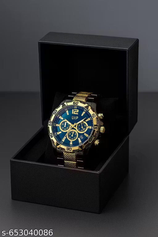 UKP Trendy New Generation Fabulous Black And Gold Colour Men's And Boy's Watch Party Wedding Formal Look VVIP Watch Black Dail Chain Strap Satlness Steel Unique Design Men's And Boy's Richlook Gorgeous Watch