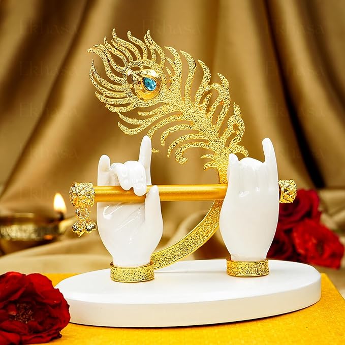 Ekhasa Lord Krishna Hands with Flute Idol (Small Size) | Krishnaji Divine Hands Idol with Flute and Peacock Feather | Krishna Statue for Car Dashboard & Griha Pravesh Gift