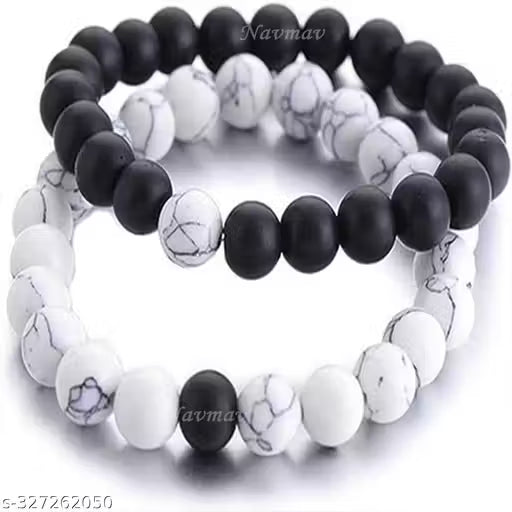 NAVMAV Natural Healing Lava Gemstones Semi Precious Black & White Beads Stretchable Elastic Relationship Gifts for Couples Bracelets For Men/Women (Pack of 2) Bracelets Gift For Best Friends