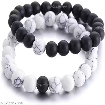NAVMAV Natural Healing Lava Gemstones Semi Precious Black & White Beads Stretchable Elastic Relationship Gifts for Couples Bracelets For Men/Women (Pack of 2) Bracelets Gift For Best Friends