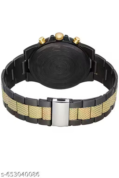 UKP Trendy New Generation Fabulous Black And Gold Colour Men's And Boy's Watch Party Wedding Formal Look VVIP Watch Black Dail Chain Strap Satlness Steel Unique Design Men's And Boy's Richlook Gorgeous Watch