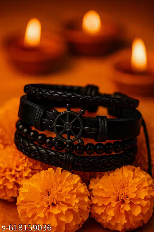Elite Men's Black Multi-Layer Leather & Bead Bracelet with Ship Wheel Charm | Nautical Style Adjustable Wristband