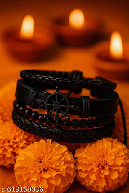 Elite Men's Black Multi-Layer Leather & Bead Bracelet with Ship Wheel Charm | Nautical Style Adjustable Wristband