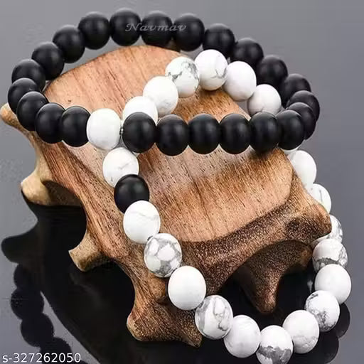 NAVMAV Natural Healing Lava Gemstones Semi Precious Black & White Beads Stretchable Elastic Relationship Gifts for Couples Bracelets For Men/Women (Pack of 2) Bracelets Gift For Best Friends