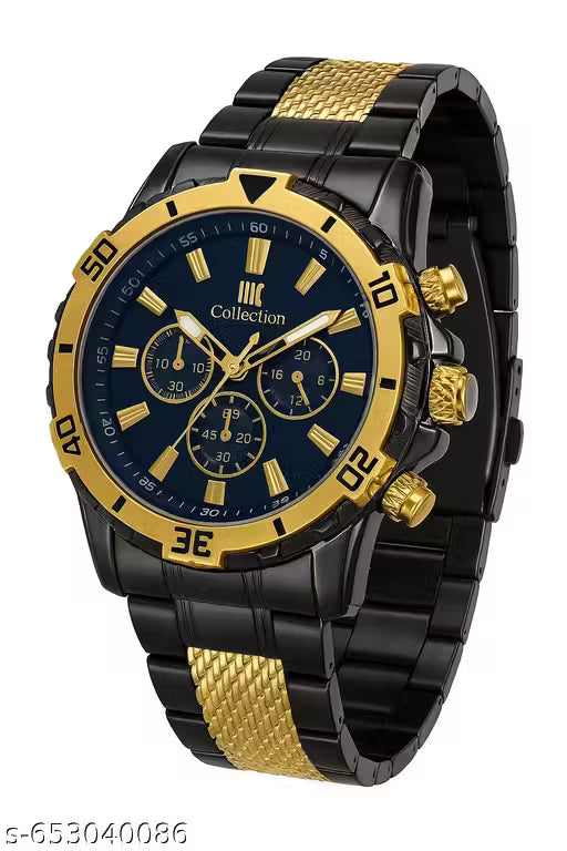 UKP Trendy New Generation Fabulous Black And Gold Colour Men's And Boy's Watch Party Wedding Formal Look VVIP Watch Black Dail Chain Strap Satlness Steel Unique Design Men's And Boy's Richlook Gorgeous Watch