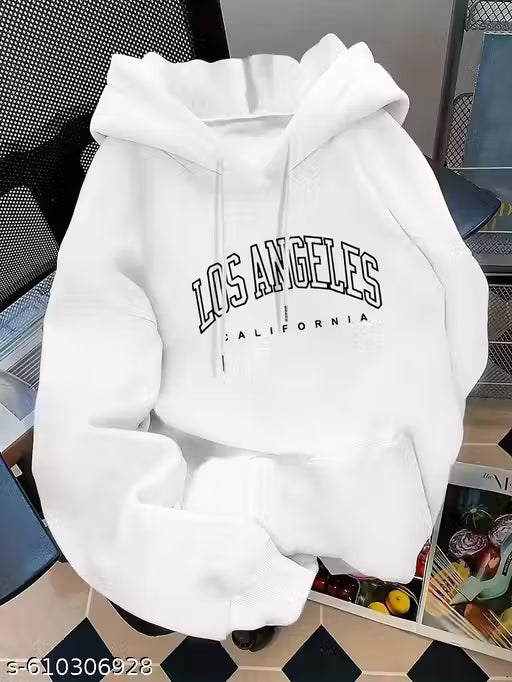 Trendy and stylish white hoodie with bold Los Angeles California print, designed for comfort and fashion, perfect for casual outings, travel, and everyday wear