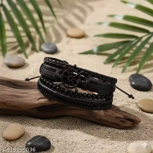 Elite Men's Black Multi-Layer Leather & Bead Bracelet with Ship Wheel Charm | Nautical Style Adjustable Wristband