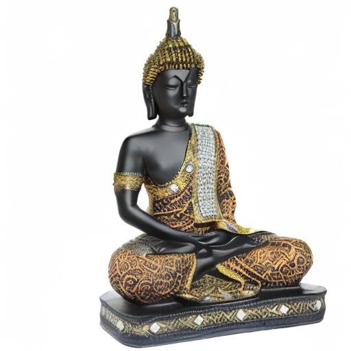Global Grabbers New 25 Centimetre Meditating Sitting Buddha Statue showpiece Idol Home Decor Items for Living Room and Gifts (1, Orange Black)