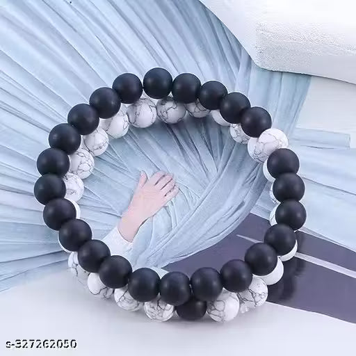 NAVMAV Natural Healing Lava Gemstones Semi Precious Black & White Beads Stretchable Elastic Relationship Gifts for Couples Bracelets For Men/Women (Pack of 2) Bracelets Gift For Best Friends