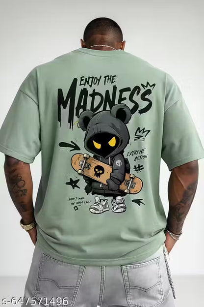 Men'S "Enjoy The Madness" Graphic T-Shirt - Oversized Loose Fit Streetwear Tee with Edgy Bear & Skateboard Print, Bold Lettering & Bear Design, Round Neck Casual Top For Urban Fashion, Skate Culture, Summer Outfits - Machine Washable