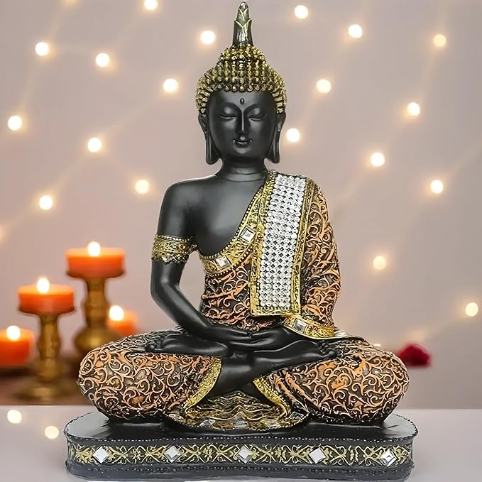 Global Grabbers New 25 Centimetre Meditating Sitting Buddha Statue showpiece Idol Home Decor Items for Living Room and Gifts (1, Orange Black)