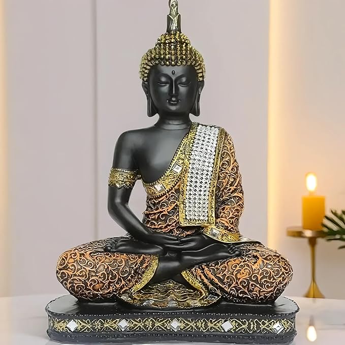 Global Grabbers New 25 Centimetre Meditating Sitting Buddha Statue showpiece Idol Home Decor Items for Living Room and Gifts (1, Orange Black)