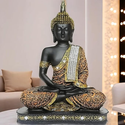 Global Grabbers New 25 Centimetre Meditating Sitting Buddha Statue showpiece Idol Home Decor Items for Living Room and Gifts (1, Orange Black)