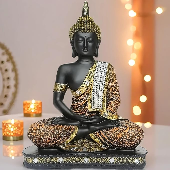 Global Grabbers New 25 Centimetre Meditating Sitting Buddha Statue showpiece Idol Home Decor Items for Living Room and Gifts (1, Orange Black)