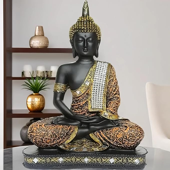 Global Grabbers New 25 Centimetre Meditating Sitting Buddha Statue showpiece Idol Home Decor Items for Living Room and Gifts (1, Orange Black)