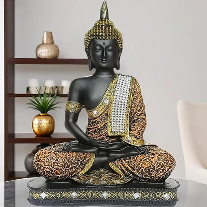Global Grabbers New 25 Centimetre Meditating Sitting Buddha Statue showpiece Idol Home Decor Items for Living Room and Gifts (1, Orange Black)