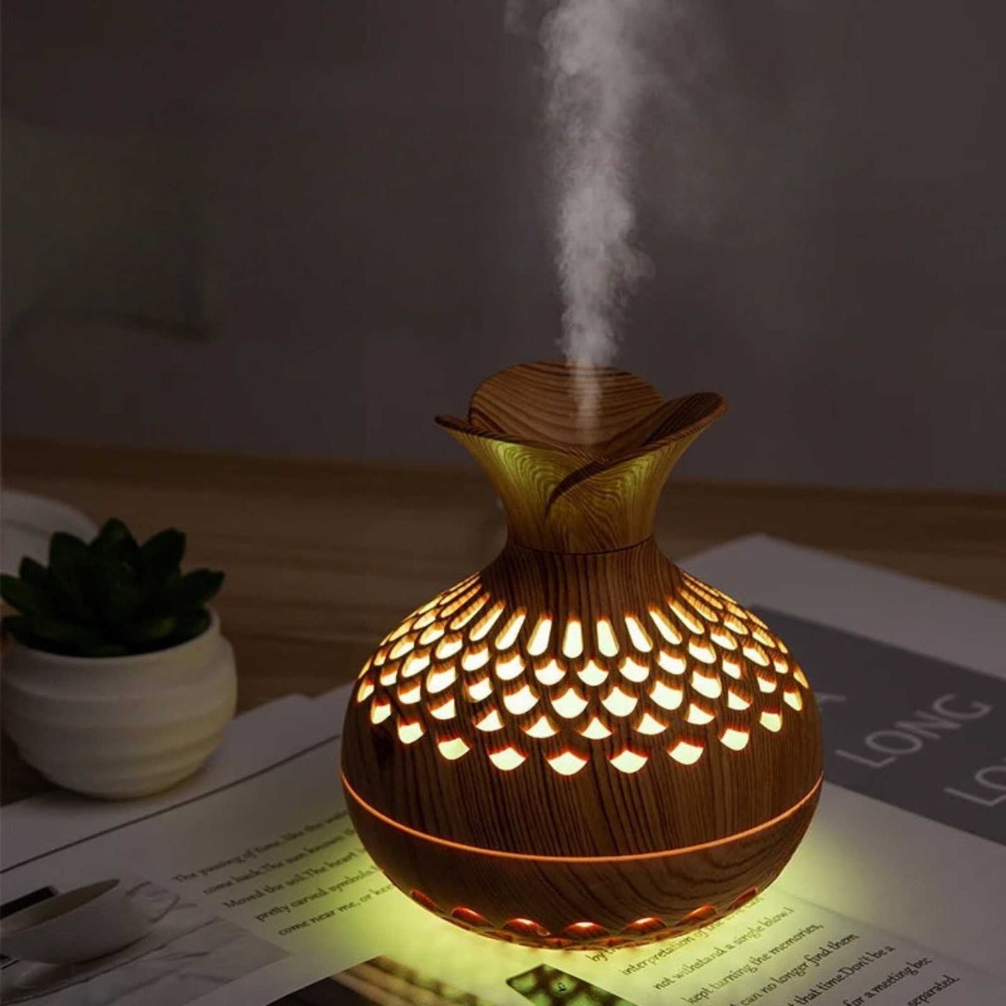Wood Grain USB Humidifier – Essential Oil Diffuser & Lamp for Desk or Bedroom