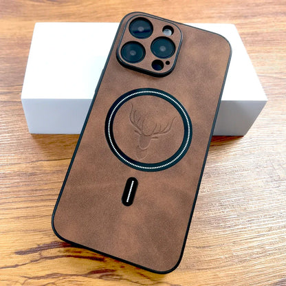 Luxury PU Leather Deer Case For iPhone 17 16 15 14 13 12 11 Pro Max Plus 15Pro 14Pro 13Pro ProMax For Magsafe Wireless Charge Cover