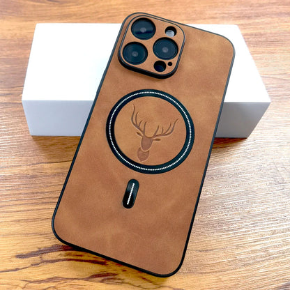 Luxury PU Leather Deer Case For iPhone 17 16 15 14 13 12 11 Pro Max Plus 15Pro 14Pro 13Pro ProMax For Magsafe Wireless Charge Cover
