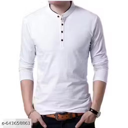 Solid Men Mandarin Collar Full Sleeves T-Shirt | Men’s Cotton Blend T-Shirt | Regular Fit Stylish Men T-Shirts | Premium Quality Cotton Tees | Stylish Solid Mandarin Collar T-Shirt Party Wear Regular Collar Full Sleeve T-Shirts for Men