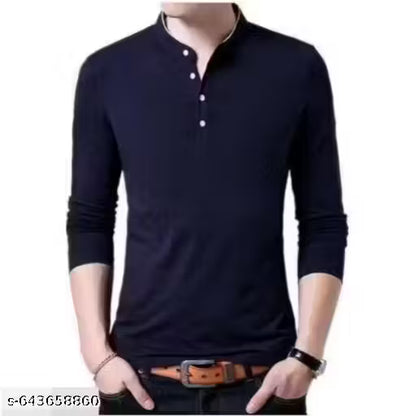 Solid Men Mandarin Collar Full Sleeves T-Shirt | Men’s Cotton Blend T-Shirt | Regular Fit Stylish Men T-Shirts | Premium Quality Cotton Tees | Stylish Solid Mandarin Collar T-Shirt Party Wear Regular Collar Full Sleeve T-Shirts for Men
