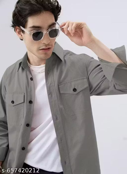 Shirts for Men Grey Double Pocket Shirt | Mens Double Pocket Long Sleeve Shirt | Double Chest Pocket Shirt | Shirts Aesthetic Design for Boys & Men