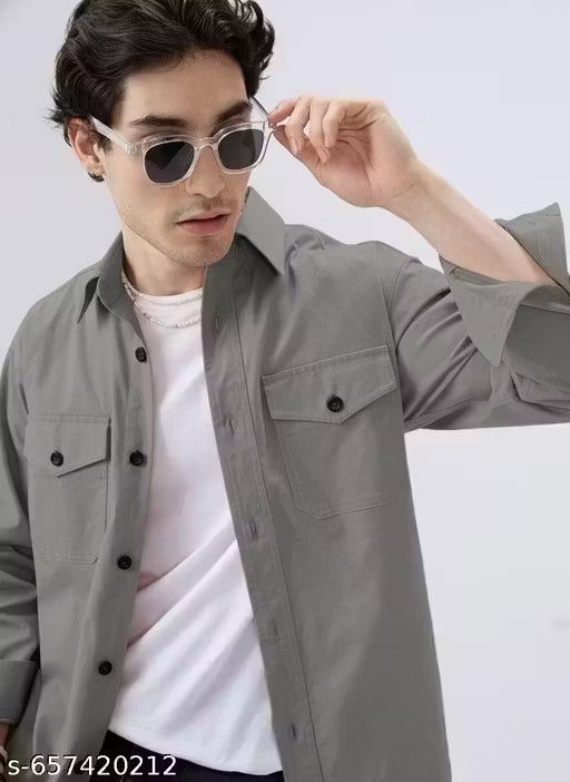 Shirts for Men Grey Double Pocket Shirt | Mens Double Pocket Long Sleeve Shirt | Double Chest Pocket Shirt | Shirts Aesthetic Design for Boys & Men