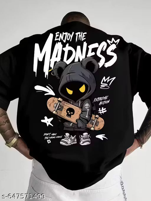 Men'S "Enjoy The Madness" Graphic T-Shirt - Oversized Loose Fit Streetwear Tee with Edgy Bear & Skateboard Print, Bold Lettering & Bear Design, Round Neck Casual Top For Urban Fashion, Skate Culture, Summer Outfits - Machine Washable