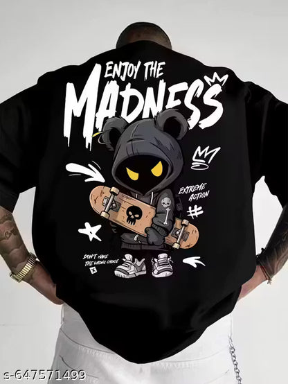 Men'S "Enjoy The Madness" Graphic T-Shirt - Oversized Loose Fit Streetwear Tee with Edgy Bear & Skateboard Print, Bold Lettering & Bear Design, Round Neck Casual Top For Urban Fashion, Skate Culture, Summer Outfits - Machine Washable
