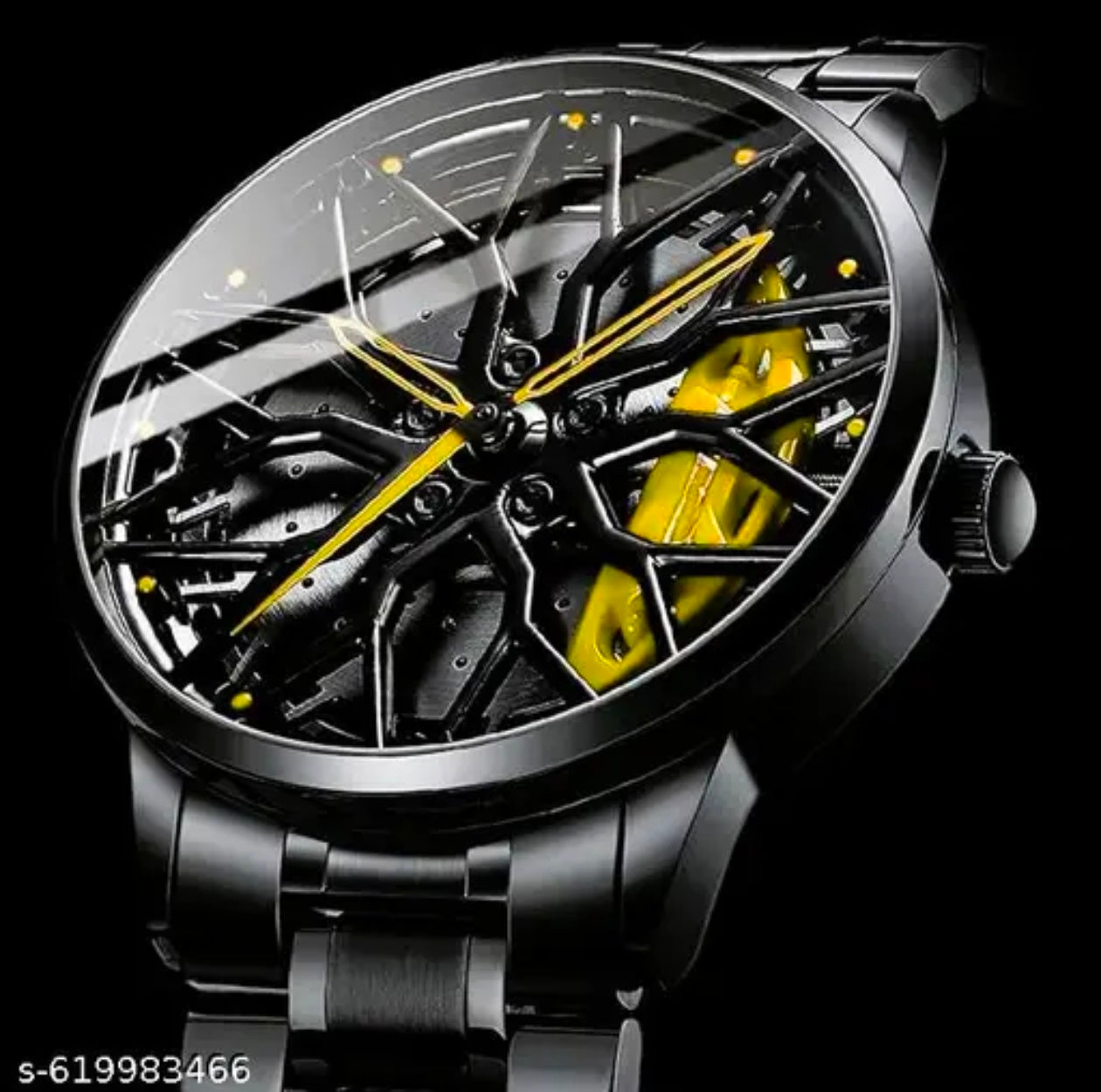 Men's Wrist Watch | Stylish 3D Car Rim Dial | Black Metal Strap | Sporty Design | Watch for Gents