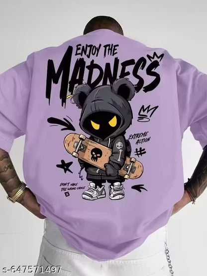 Men'S "Enjoy The Madness" Graphic T-Shirt - Oversized Loose Fit Streetwear Tee with Edgy Bear & Skateboard Print, Bold Lettering & Bear Design, Round Neck Casual Top For Urban Fashion, Skate Culture, Summer Outfits - Machine Washable