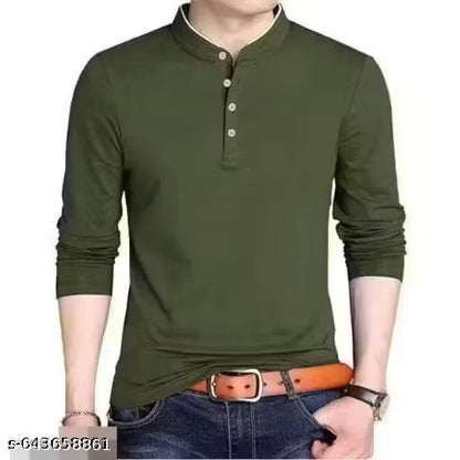 Solid Men Mandarin Collar Full Sleeves T-Shirt | Men’s Cotton Blend T-Shirt | Regular Fit Stylish Men T-Shirts | Premium Quality Cotton Tees | Stylish Solid Mandarin Collar T-Shirt Party Wear Regular Collar Full Sleeve T-Shirts for Men